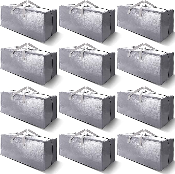 12 Pack Heavy Duty Extra Large Moving Bags W/Backpack Straps - Strong Handles & Zippers, Storage Totes For Space Saving, Fold Flat, Alternative to Moving Box and Storage Bin, Silver