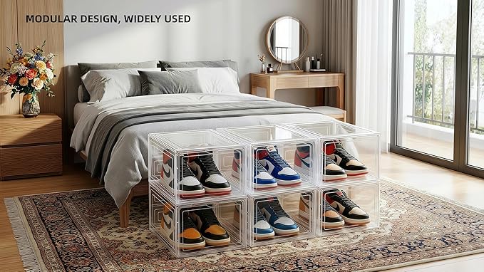 6 Pack Shoe Organizer for Closet, Shoe Storage Container with Lids, Shoe Box Clear Plastic Stackable, Thick Hard Polypropylene, Drop Front Door, US Size 13