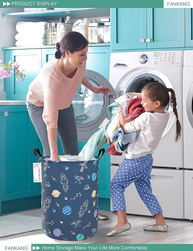 FANKANG Storage Basket, Nursery Hamper Canvas Laundry Basket Foldable with Waterproof PE Coating Large Storage Baskets for Kids Boys and Girls, Office, Bedroom, Clothes,Toys（Colorful Space ）