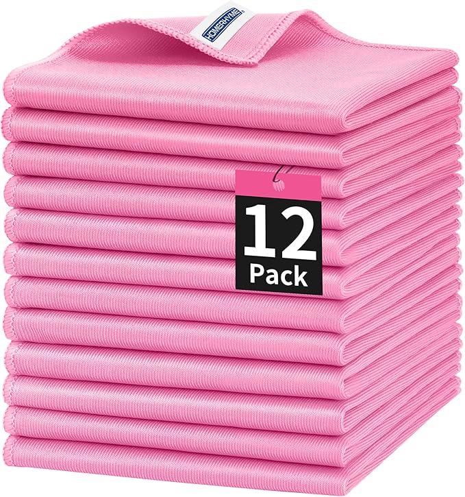 HOMERHYME Microfiber Cleaning Cloth, 12 Pack Window Glasses Cleaning Cloth, Reusable Lint-Free Streak Free Polishing Cloth Wipes for Stainless Steel, Eyeglasses, Mirrors, Screens & Lenses,12"*12" Pink