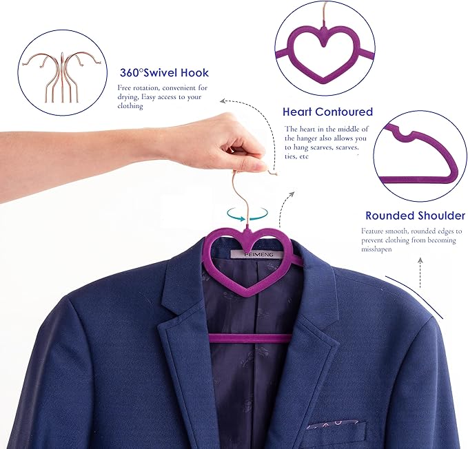 Velvet Hangers 20 Pack, 16" Non Slip Heart Hanger, 360° Swivel Rose Gold Hooks, Durable & Cute Hangers for Adult (Dark Purple)