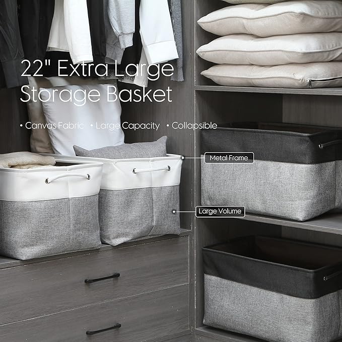 Sea Team 3-Pack Extra Large Storage Basket Set, Trunk Organizer, Clothes Toys Bin, 22 x 15 x 13 Inches, Rectangular Canvas Fabric Collapsible Shelf Box with Handles for Kids Room (Grey/White)