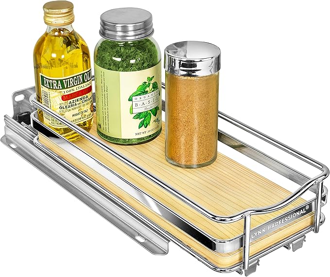 LYNK PROFESSIONAL® Élite™ Pull Out Spice Rack Organizer for Inside Kitchen Cabinets - 4-3/8 inch Wide - Slide Out Drawer – Wood/Chrome Sliding Spice Organization for cabinet - Spice Racks - 1 Tier