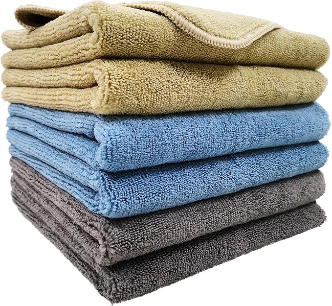 POLYTE Microfiber Cleaning Towel (16x24, 6 Pack, Professional, Blue,Camel,Gray)
