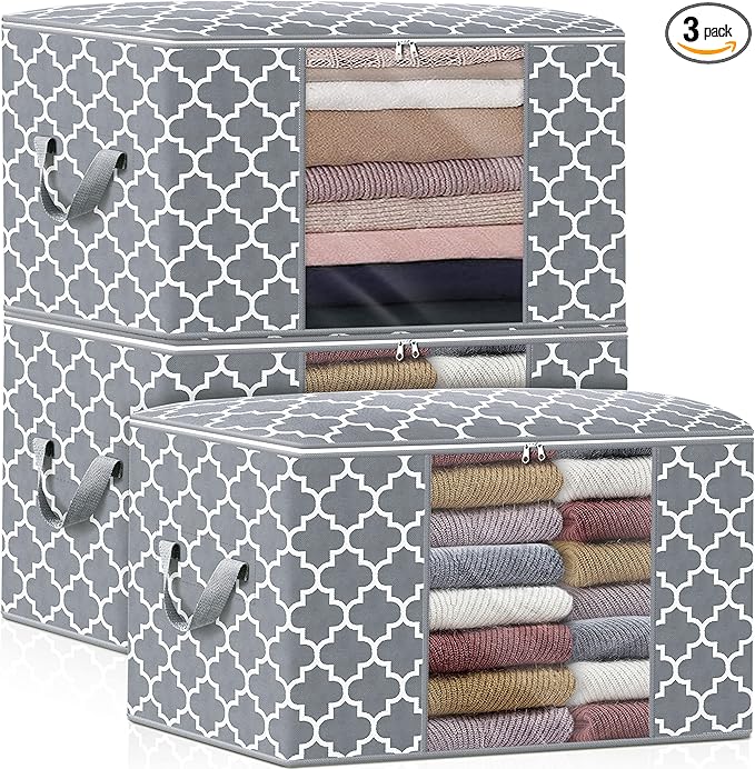 WISELIFE Storage Bags 100L 3-Pack Large Blanket Clothes Organization and Storage Containers for Bedding, Comforters, Foldable Organizer with Reinforced Handle, Clear Window, Sturdy Zippers, Light Grey