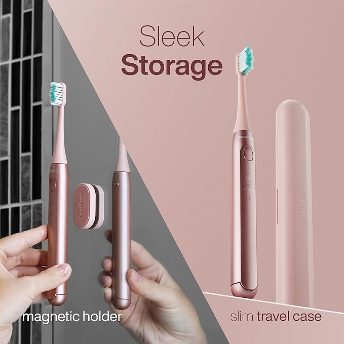 Aquasonic Icon ADA-Accepted Rechargeable Toothbrush | Magnetic Holder & Slim Travel Case | 2 Brushing Modes & Smart Timers | Gentle Micro-Vibrations (Blush)