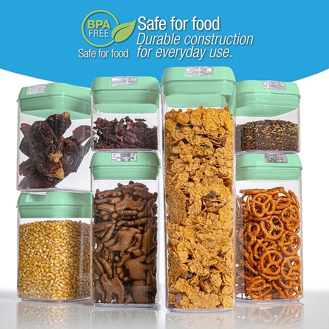 Set of 7 Airtight Food Storage Containers - Pantry Organizer Bins, BPA Free Plastic Containers plus Dry Erase Marker and Labels, Mint Green