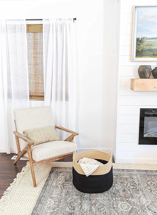 OrganiHaus Large Woven Storage Basket for Blankets and Toys 20" x 13" Inch, Rope Laundry Basket with Handles, Cushions & Pillows Storage Bin, Nursery Hamper, Soft Round Dog Toy Bin - Black/Honey