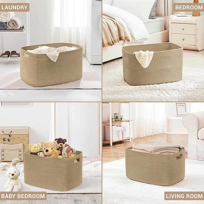 86L Large Wicker Laundry Basket for Living Room Storage,Boho Woven Cotton Rope Baskets for Kids Toy,Gifts,Square Blanket Hamper for Bedroom Dirty Clothes,Jute