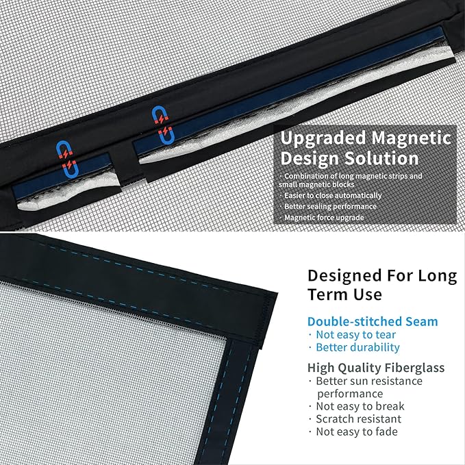 Double Door Mesh Screen Magnetic Closure Heavy Duty for Sliding Door 74" x 80" Extra Long Magnet Bug Screens for French Doors, Self Closing Fiberglass Mosquito Net for Doorway, Keep Bugs Out