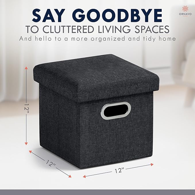 Ornavo Home 12 Inches Small Storage Ottoman with Handles, Foldable Collapsible Cube Square Linen Ottoman Foot Rest Stool Seat, for Living Room, Bedroom, Home Office, Dorm, Black