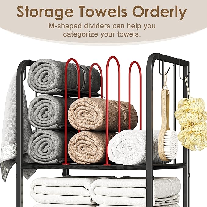 Standing Towel Racks for Bathroom 3-Tier, Durable Metal Towel Rack Stand, Pool Items Holder, M-Shaped Detachable Dividers for Towel Storage, Space-Saving Storage Organizer Black, Patent Pending