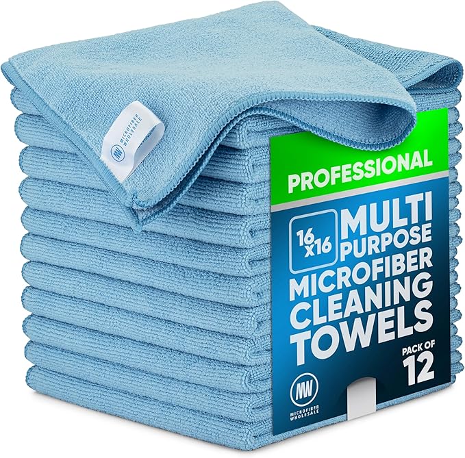 MW Pro Multi-Surface Microfiber Towel – 12 Pack | Premium Cleaning Cloth | Clean, Buff, Dust, Polish, Absorb | Large 16"x16" (Blue)
