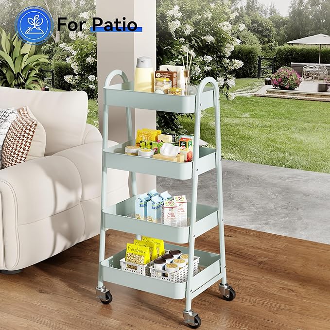 OLIXIS 4 Tier Utility Rolling Cart, Metal Mobile Storage Shelf with Lockable Caster Wheels, Organization for Livingroom, Bathroom, Kitchen, & Narrow Places, 4-Tier Green