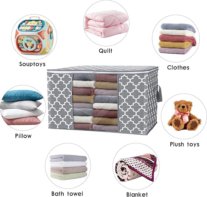 WISELIFE Storage Bags 100L 2-Pack Large Blanket Clothes Organization and Storage Containers for Bedding, Comforters, Foldable Organizer with Reinforced Handle, Clear Window, Sturdy Zippers, Light Grey