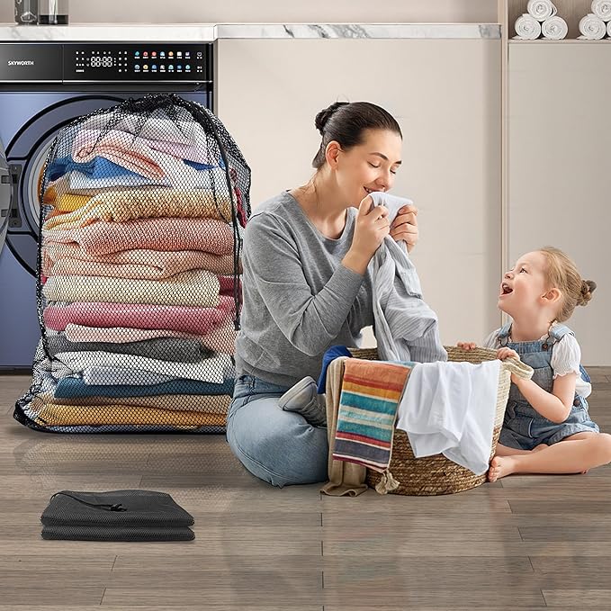4 Pack Mesh Laundry Bags, 24 x 35 Inches Heavy Duty Mesh Laundry Bag, Large Laundry Drawstring Bag for College, Dorm, Travel, Family and Apartment Dwellers, Black