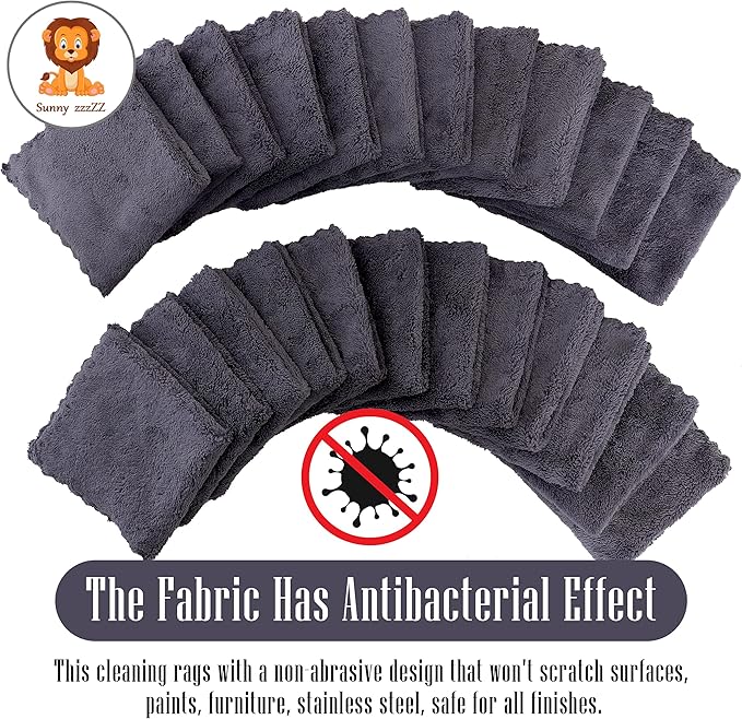 Sunny zzzZZ 24 Pack Kitchen Dishcloths - Does Not Shed Fluff - Reusable Dish Towels, Dish Cloths, Super Absorbent Coral Fleece Cleaning Cloths, Nonstick Oil Washable Fast Drying, 10 x 10 Inch (Grey)