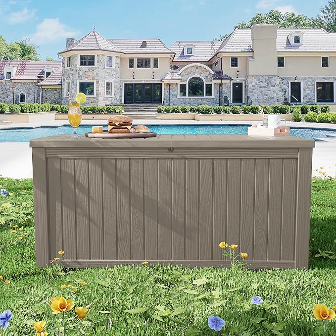200 Gallon Lockable Resin Outdoor Storage Box, Waterproof & Weather Resistant Deck Box for Patio Cushion, Garden Tools & Pool Accessories, Grey