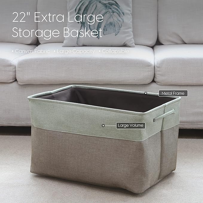 Sea Team 3-Pack Extra Large Storage Basket Set, Trunk Organizer, Clothes Toys Bin, 22 x 15 x 13 Inches, Rectangular Canvas Fabric Collapsible Shelf Box with Handles for Kids Room (Olive/Lime)
