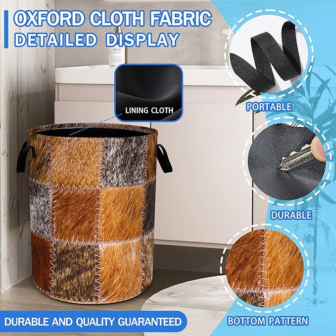 Faux Cowhide Patchwork Pattern Laundry Basket Oxford Cloth Funny Texture Laundry Hamper With Handle Foldable Portable Clothes Storage Basket 18.9 X 16.5 Storage Bag For Laundry Room/Bathroom/Bedroom