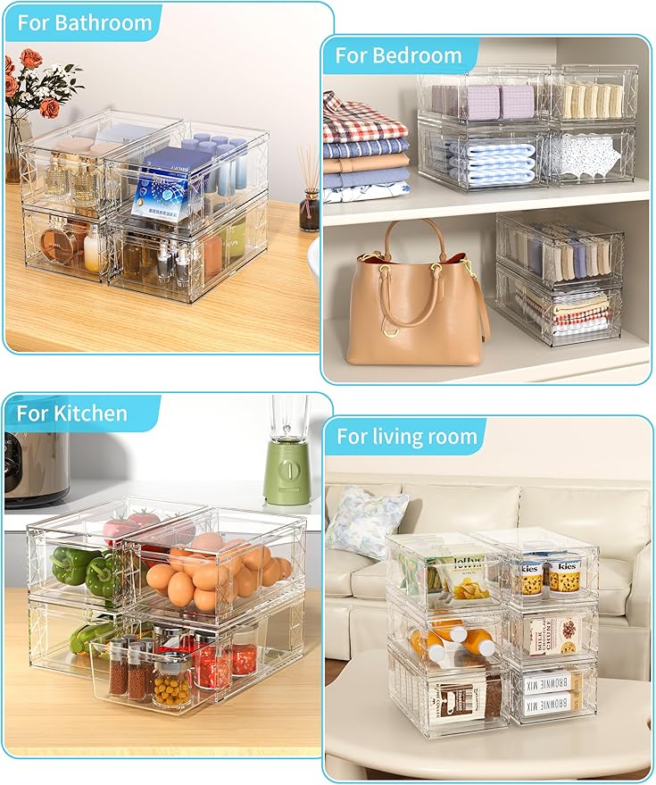6 Pack Stackable Storage Drawers,Clear Fridge Organizer with Handles and Movable Dividers,Pull-Out Acrylic Drawer Organizer for Pantry, Bathroom,Kitchen Undersink,Cabinet