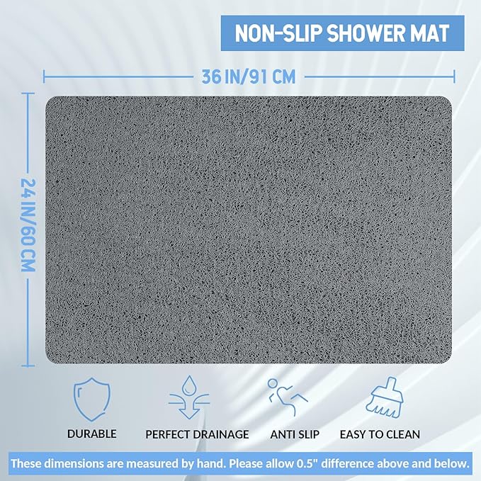 Hargiis Non-Slip Bathtub Mat, Anti Slip Shower Mat, Fast Drying Bathtub Mats, Foot Scrubber Mat, Anti Slip Mat for Tub, Floor, Bathroom, Kitchen, Home, Hotel (Grey 36"×24")