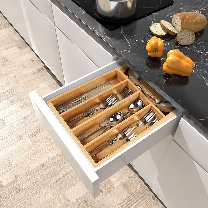 Utopia Kitchen Silverware Organizer, Bamboo Utensil Drawer Organizer for Cutlery, Utensils & Flatware (5 Compartment, Natural) Pack of 1