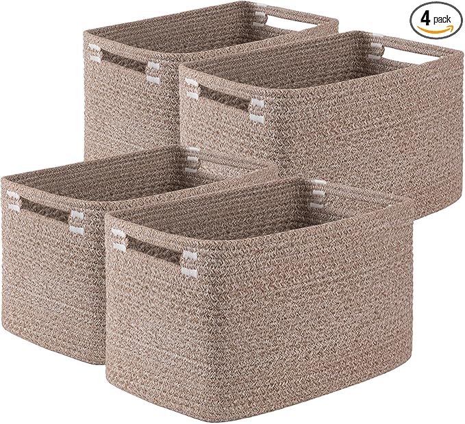 Storage Baskets for Organizing, Woven Decorative Baskets for Shelves - Books, Towels, and Clothes, Cotton Rope Toy Storage Bins, 12.7''Lx9''Wx7.8''H, Pack of 4, Linen Brown