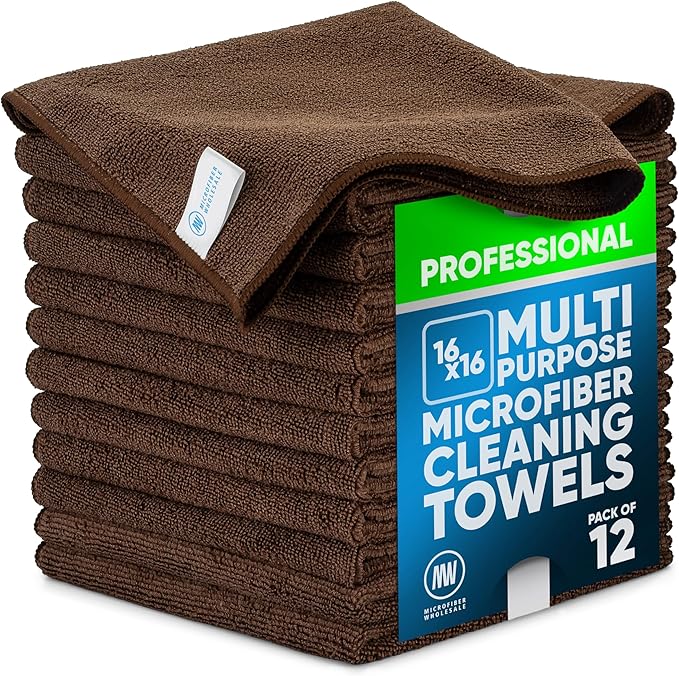 MW Pro Microfiber Cleaning Cloth | Brown | 12 Pack | 16” x 16” | Coffee, Barista, Espresso Towels - Clean, Dust, Polish, Scrub, Absorbent