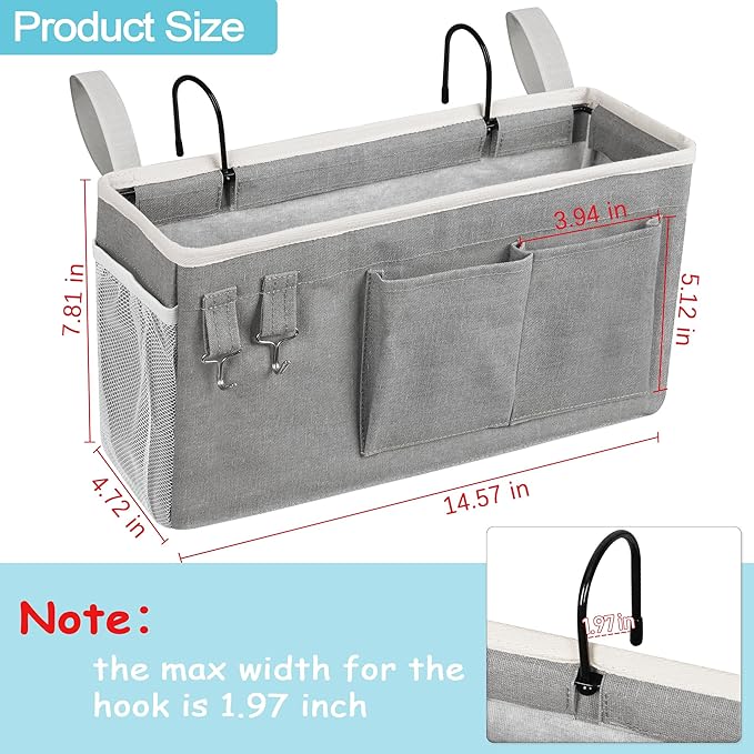 Loghot Bedside Caddy/Bedside Storage Bag Hanging Organizer for Bunk and Hospital Beds,Dorm Rooms Bed Rails,Can be Placed Glasses,Books,Mobile Phones,Keys (2pc Grey)