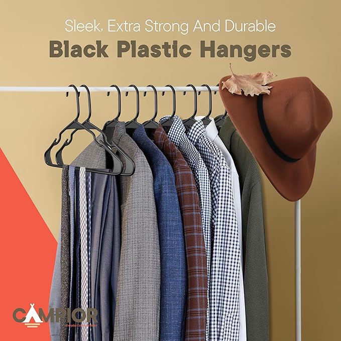 Black Plastic Hangers 20 Pack– Heavy-Duty Plastic Hangers Slim and Space-Saving, Durable and Lightweight PP with Non-Slip Shoulder Notches for Slip Dresses, Suits, Jackets & Camisoles