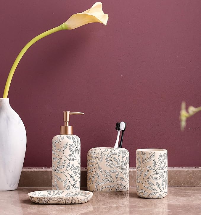 Hymmah Bathroom Accessories Set,Toothbrush Holder,Farmhouse Bathroom Decor,4 Pcs Resin Gift Set Apartment Necessities, Contain Toothbrush Cup,Soap Dispenser,Soap Dish,Tumbler