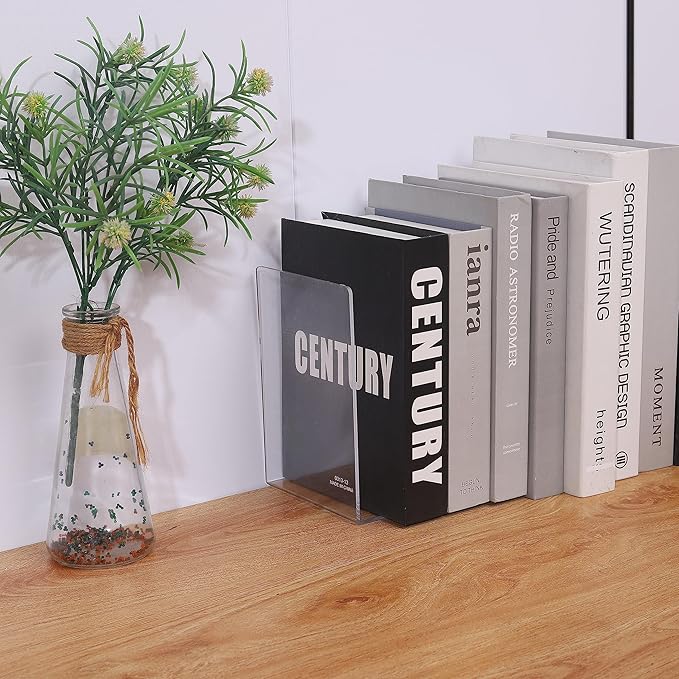 4pcs Clear Book Ends for Heavy Books,Acrylic Book Shelf Organizer for Desk,Plastic Heavy Duty Book Holders Stand and Invisible Bookshelf Dividers Decorative,Suitable for Office Home Weighted Bookends