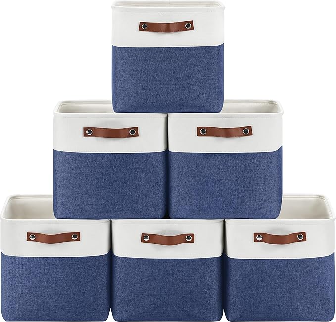6-Pack Foldable Fabric Storage Cubes 11x11 Inch, Sturdy Cube Organizer Bins with Leather Handles, Storage Baskets for Closet Shelves and Home Organization(White/Blue)