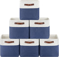6-Pack Foldable Fabric Storage Cubes 11x11 Inch, Sturdy Cube Organizer Bins with Leather Handles, Storage Baskets for Closet Shelves and Home Organization(White/Blue)