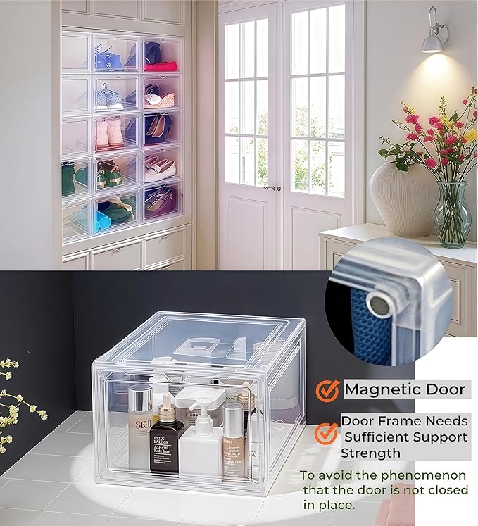 6 Pack Shoe Organizer for Closet, Shoe Storage Container with Lids, Shoe Box Clear Plastic Stackable, Thick Hard Polypropylene, Drop Front Door, US Size 13