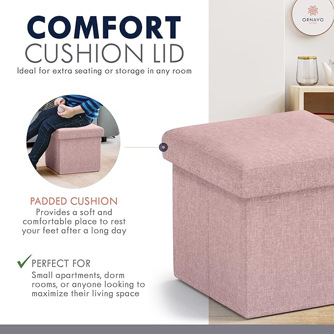 Ornavo Home Small Storage Ottoman Foldable Collapsible Cube Square Linen Ottoman Foot Rest Stool Seat, for Living Room, Bedroom, Home Office, Dorm - 12 x 12 x 12, Pink