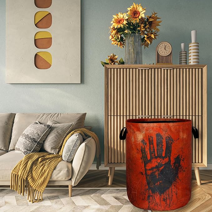 Blood Laundry Basket Foldable Blood Spatter Hand Print Laundry Hamper Oxford Cloth Funny Tote Bag Clothes Toy Storage Bucket For Bathroom/Laundry Storage/Bedroom 18.9 x 16.5 Inch
