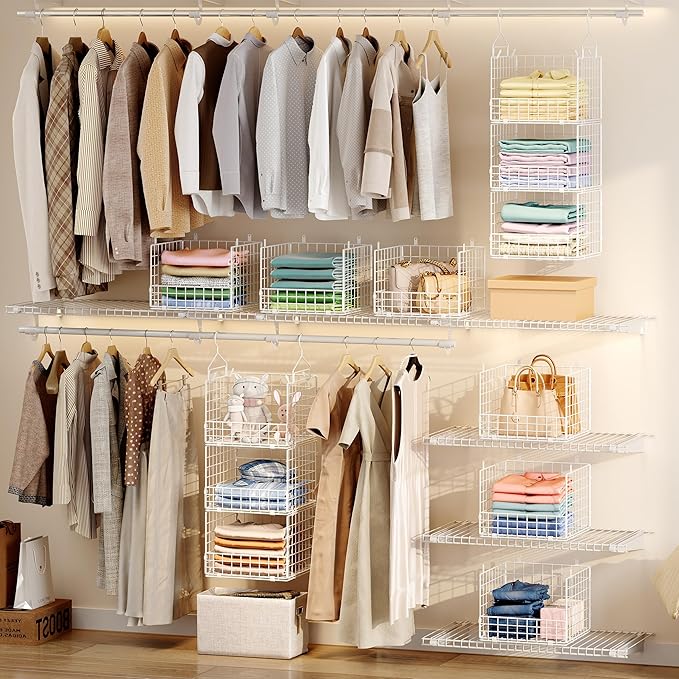 Sonyabecca 3-Tier Hanging Closet Organizer with 5 S Hooks, Closet Shelves for Clothes, Shoes, Handbags, Accessories, Hanging Basket, Closet Storage, Closet System, Closet Organizers and Storage