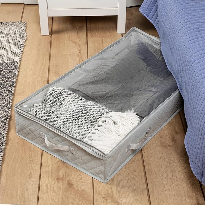 Honey-Can-Do 3-Pack Under Bed Fabric Storage Container Bags For Clothes & Blankets with Window and Handles, 34 x 17.9 x 5.9 Inches, Grey