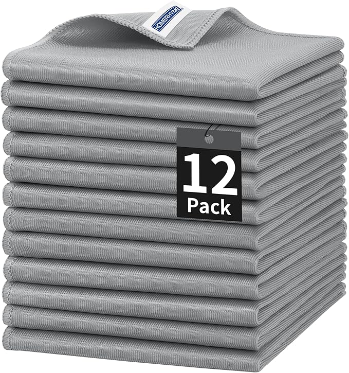 HOMERHYME Microfiber Cleaning Cloth, 12 Pack Window Glasses Cleaning Cloth, Reusable Lint-Free Streak Free Polishing Cloth Wipes for Stainless Steel, Eyeglasses, Mirrors, Screens & Lenses,12"*12" Grey