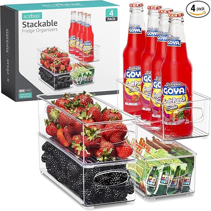 Sorbus Stackable Refrigerator Organizer Bins - Clear Storage Bins for Kitchen Pantry, Freezer & Fridge Organization - Food Organizing Plastic Containers with Handles for Countertops & Drawers (4 Pack)