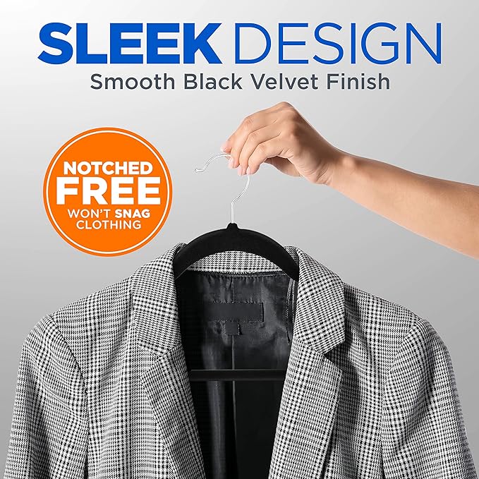 SereneLife Premium Non-Slip Velvet Hangers-Space Saving Heavy Duty Slim Suit Clothes Hanger Set with 360 Degree Swivel Metal Hook,Can Hold Up to 10 Lbs.for Coats, Jackets,Pants & Dress (50-Pack),Black