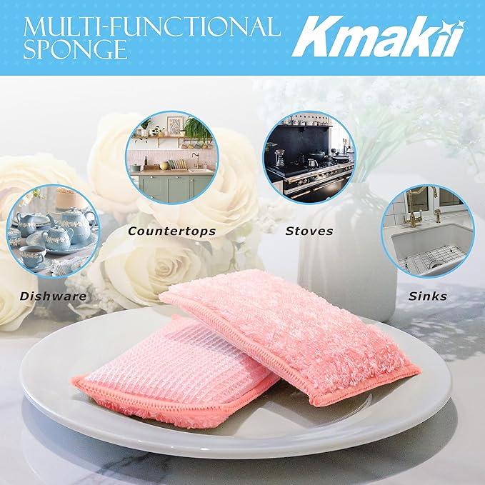 KMAKII Bamboo Kitchen Sponges Dish Sponge Super Absorbent Natural Dish Sponges, Red, Pack of 6