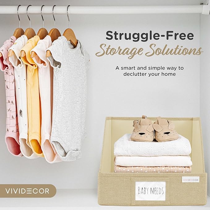 VIVIDECOR Trapezoid Storage Bins – 3-Pack Closet Shelf Organizer & Baskets, Open Front Bin for Shelves, Foldable Fabric Basket for Clothes, Cube Storage Bins, Towel, Clothing Shelf (Beige, 3 Pack)