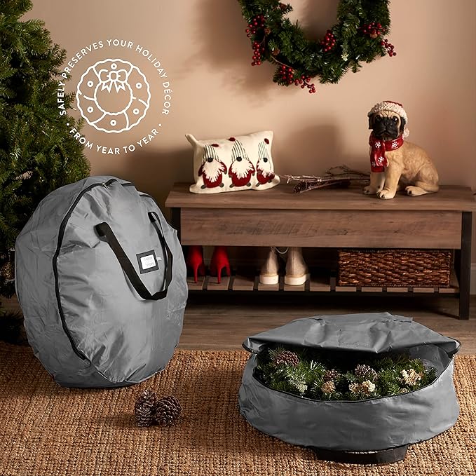 ZOBER 2 Pack Oxford Christmas Wreath Storage Container 36 Inch - Wreath Bag for Artificial Wreaths Box - Waterproof Fabric, Dual Zippered Wreaths Storage Bag With Strong Durable Handles - Gray