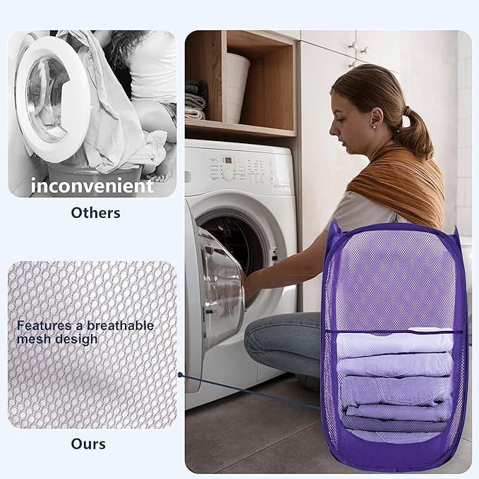 LXLOVESM Pop Up Laundry Hamper, Mesh Laundry Basket Collapsible, Foldable Hamper for Travel and Storage (Purple)