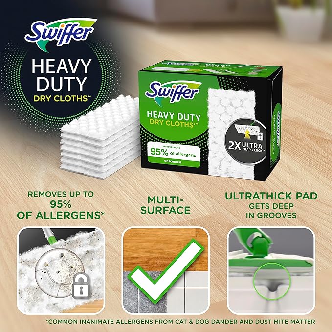 Swiffer Sweeper Heavy Duty Dry Multi-Surface Cloth Refills for Floor Sweeping and Cleaning, Unscented, 32 Count