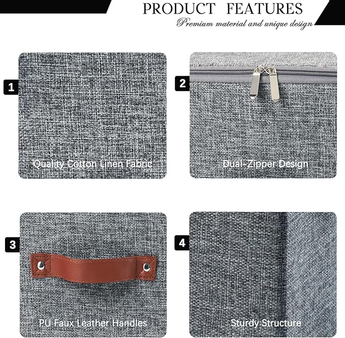 Storage Bins with Zipper Lid Foldable Fabric Lidded Storage Boxes Baskets Cubes Washable Collapsible PU Leather Handle Cotton Linen Fabric Shelf Closet Organizer Container(Gray, Large Size)
