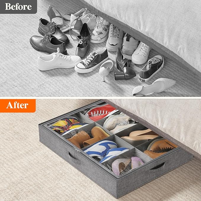 Lifewit Under Bed Shoe Storage Organizer Fits 8 Pair Sneakers, 4.3 Inches Tall Sturdy Structure Ultra Thick Fabic Sneaker Storage, Foldable Underbed Shoe Boxes for Heels, Boots, Sports Shoes 2 Pack